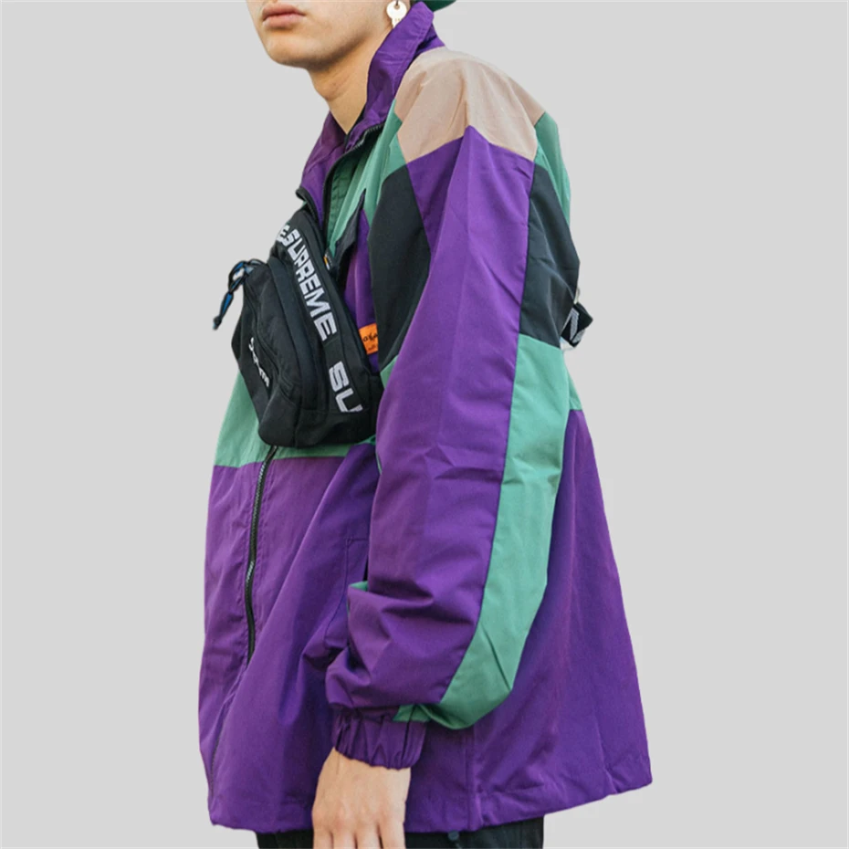 Men Hip Hop Streetwear Jacket Coat Retro Color Block Patchwork Harajuku Jacket Windbreaker Oversized Track Jacket Pocket Autumn