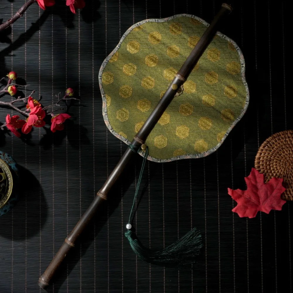 Classical Ancient Style Chinese Bamboo Waist Fan Rotatable Rollable Long Handle Fan Cooling with Tassel Group Fan for Summer