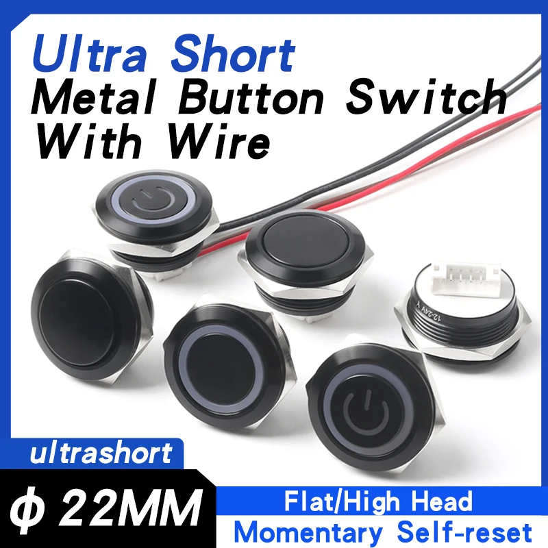 

22MM Ultra Short Metal Push Button Switch With Wire 1NO Momentary Self-Reset Oxidized Black With LED Light 6V24V