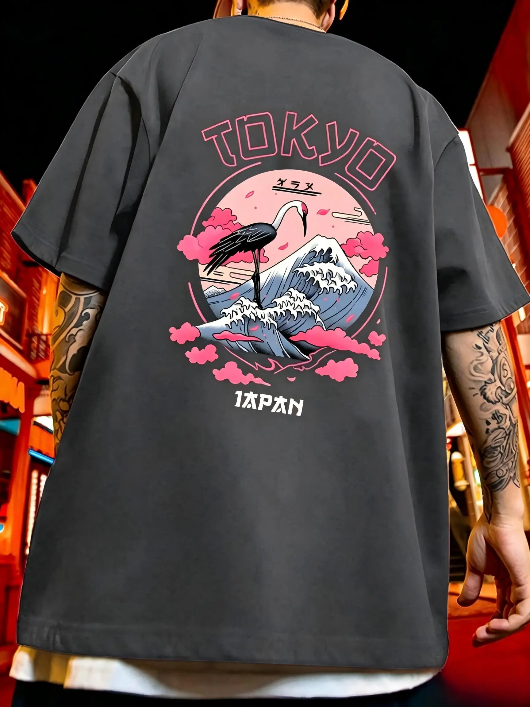 New American Men's Summer Red Top Crane Pattern Micro Elastic Breathable Round Neck T-shirt Outdoor Urban Street Style Top