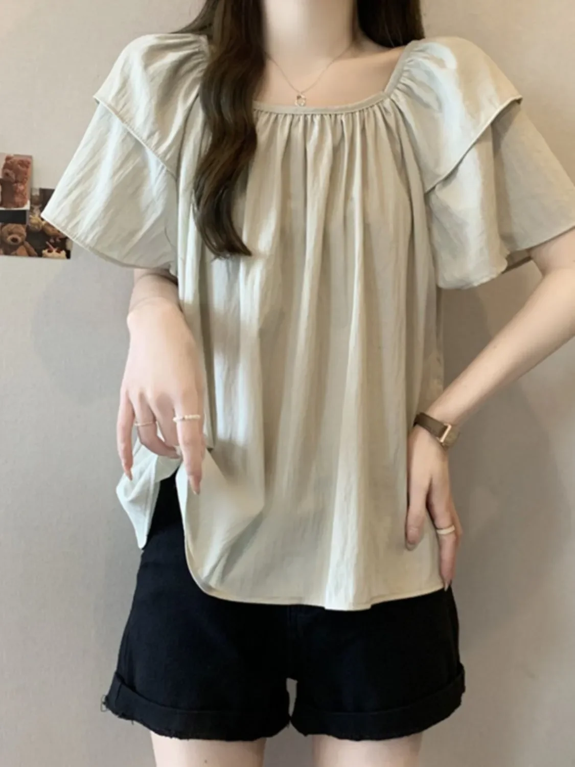 

Summer Thin Chiffon irt Women's ort Sve Loose Large Size Belly Covering Slimming Doll Top Commute Sle Pure Color