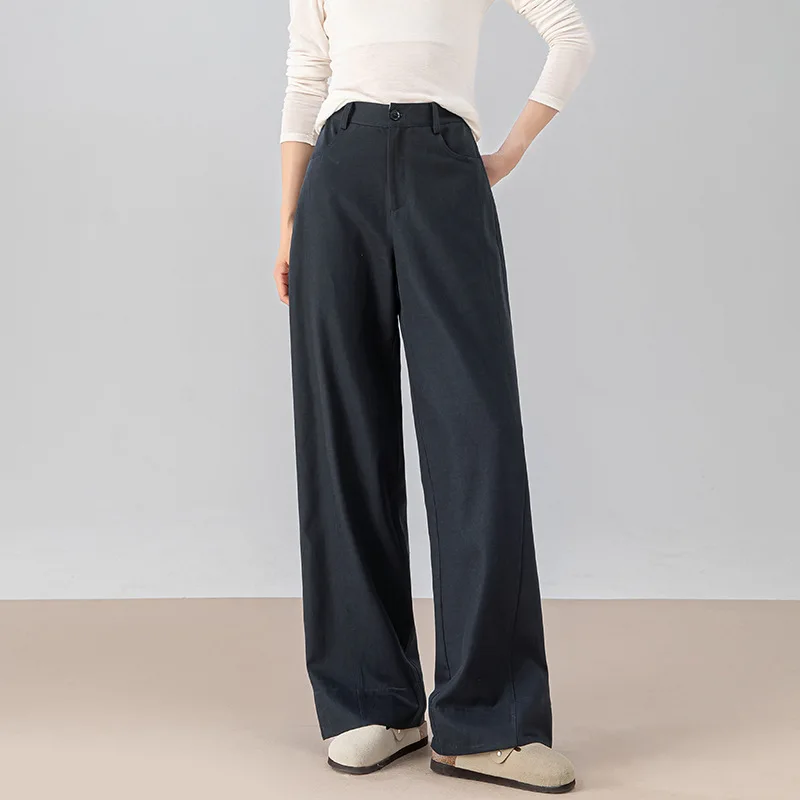 

High Waist Straight Leg Silk Cotton Wide Leg Pants Women's Vintage Loose Fit Casual Trousers Korean Sle Turn up