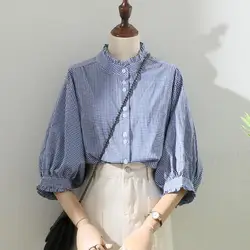 Women's Clothing Spring Summer 2023 Tops Vintage French Lantern Sleeve Elegant and Youth Woman Blouses Lace Blue Plaid Shirt