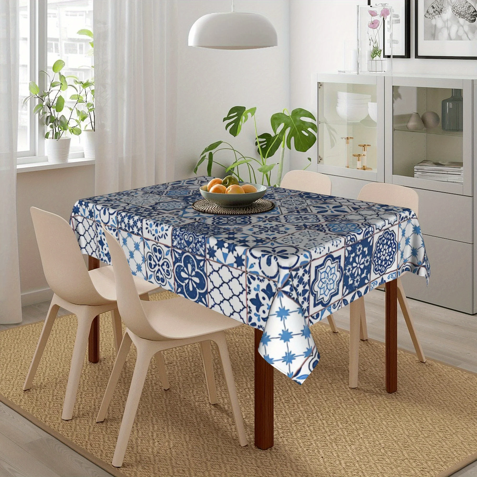 قطعة واحدة من غطاء طاولة Azulejos البرتغالية - طباعة زهور زرقاء وبيضاء، آلة - بوليستر، تصميم مستطيل لديكور المنزل