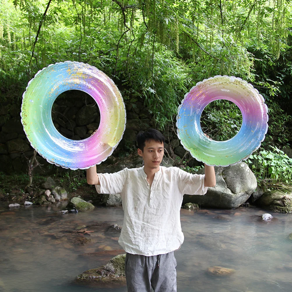 

Thicken Sequins Translucent Gradient Rainbow Inflatable Swim Ring 70Cm Safety Aid Pool Beach Lake Easy Inflate Deflate Storage