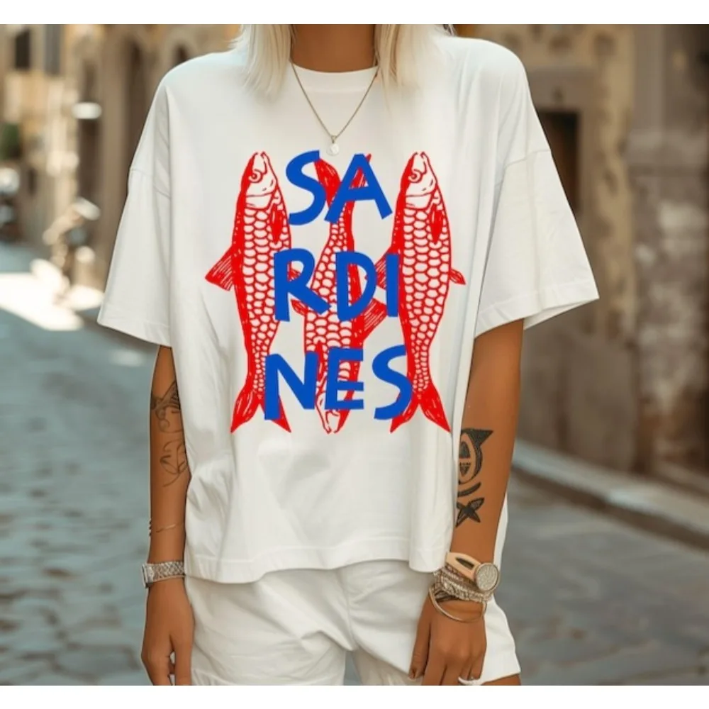 

Футболки с рисунком Сардина, модная женская футболка с луженной рыбой, модная повседневная летняя футболка с круглым вырезом для девочек, хлопковая футболка с коротким рукавом