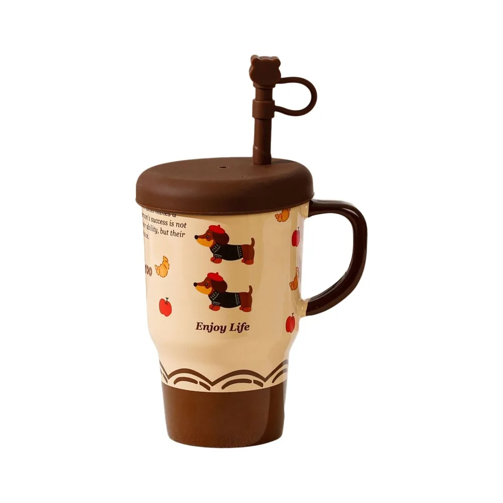 

Портативная большая емкость для воды, керамическая чашка для кофе с рисунком собаки и соломинкой, мультяшная чашка для молока, школьная