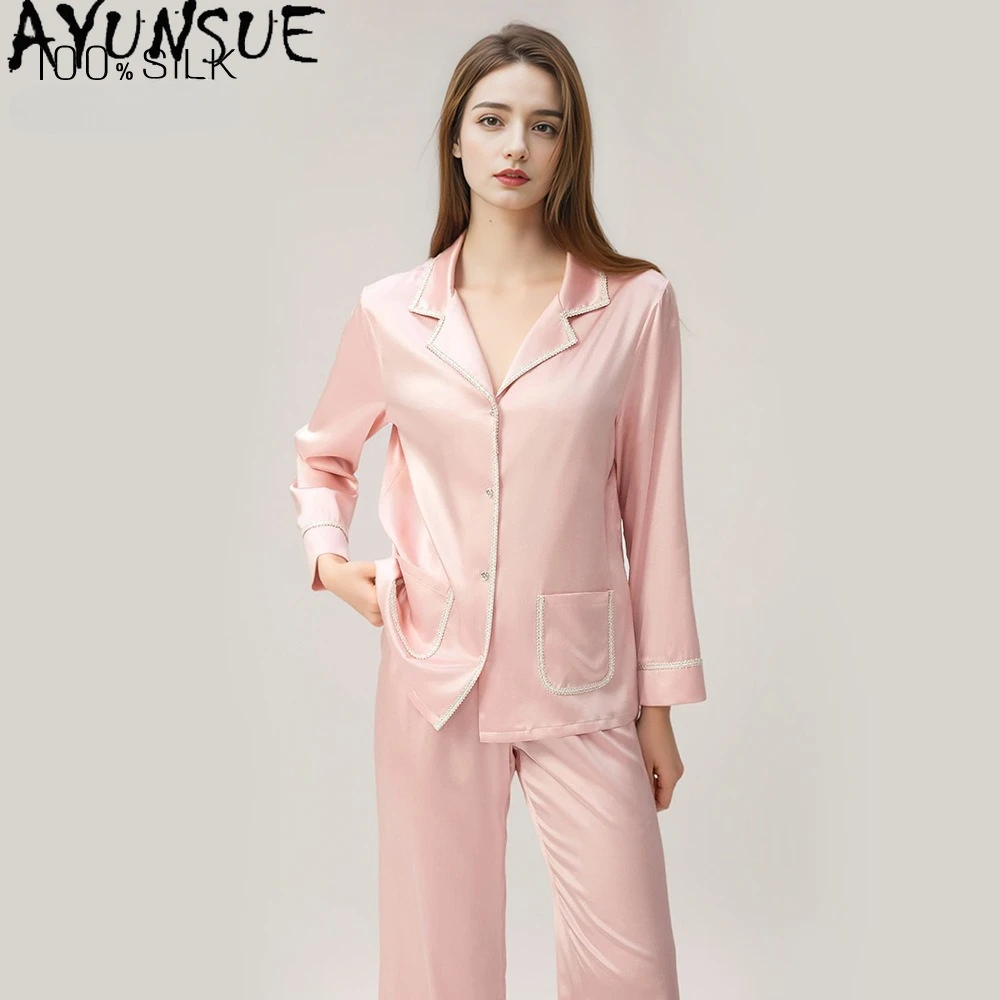 

AYUNSUE 19 мм, одежда для сна из 100% тутового шелка, женская одежда, весенне-осенние пижамные комплекты, повседневные брюки, топ с длинными рукавами, состоящий из двух частей Пижама
