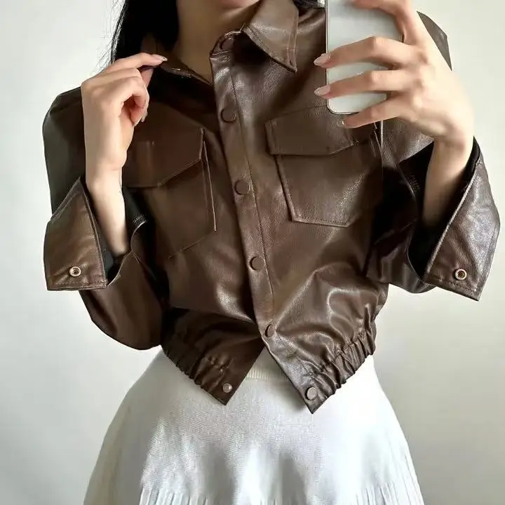 Chic Autumn Winter ort Pure Color Long Sve Retro Lapel Single Button Double ket Leather Jaet Casual Sle Youth Out...