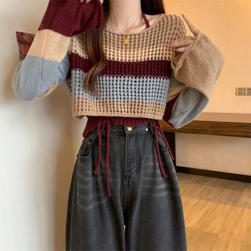 Cropped Pullovers for Women Colorful Hollow Out Cute Youths Spring Fashion Loose Sweet Knitwear Casual All-match Harajuku Girls