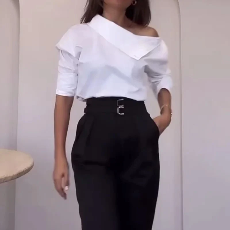 

Faionable High Collar Metal Bule irt Women's Sle Spring Collection Svel Top Ele Simple Design Z Brand