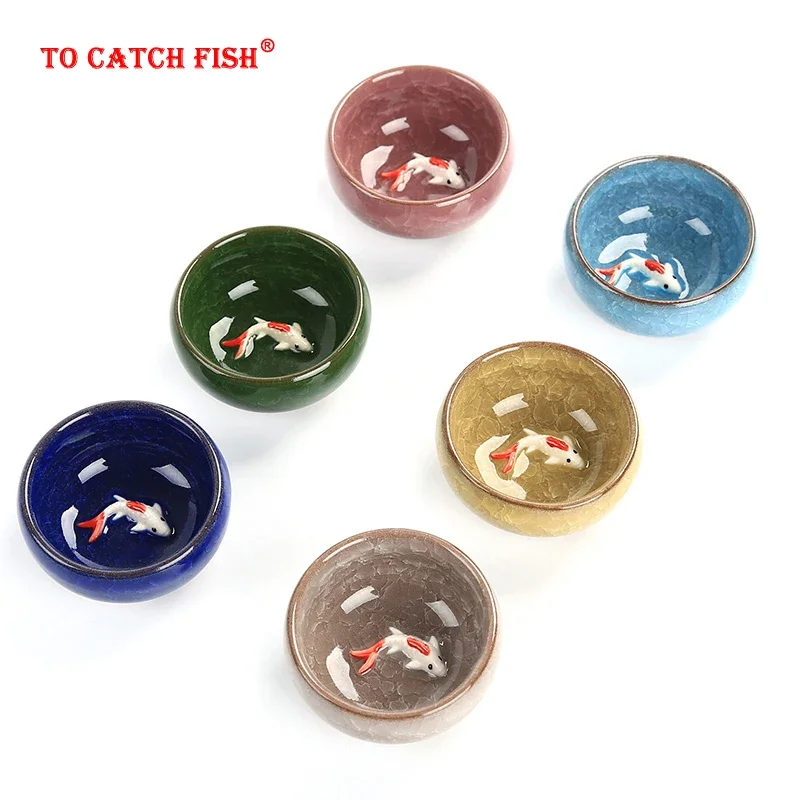 Jingdezhen Ceramic Golden Fish Teacup Set, Japanese Tea Cups, Chinese Mug, Puer Bowl, Puer Tea Cups, 6Pcs