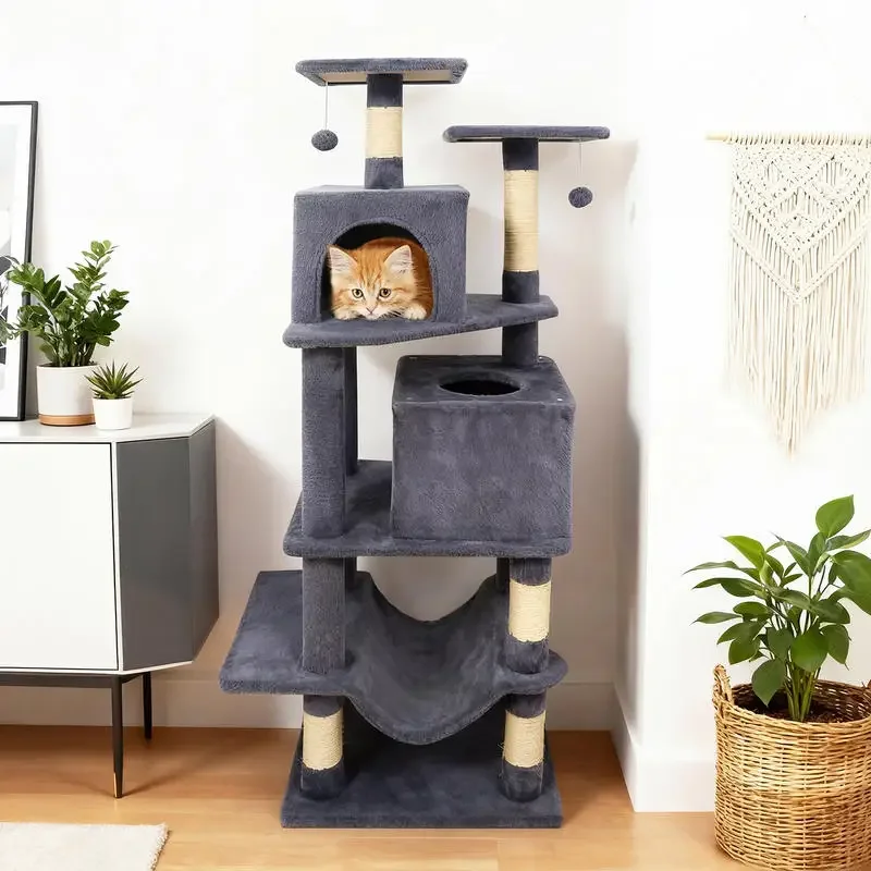 

57 Inch Cat Tree with Dual Condos and Hammock and 2 Dangling Balls-Gray