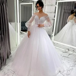 Sexy Wedding Dresses Off Shoulder Puff Sleeve Bride Dress White Tulle A-Line Princess Wedding Evening Gowns Plus Size