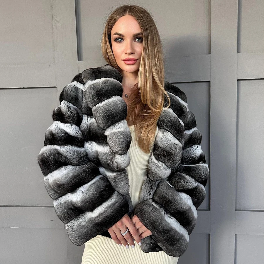 Womens Rabbit Coats With Turndown Collar Real Chinchilla Rex Rabbit Fur Jackets  Short Rabbit Fur Coat Ladies