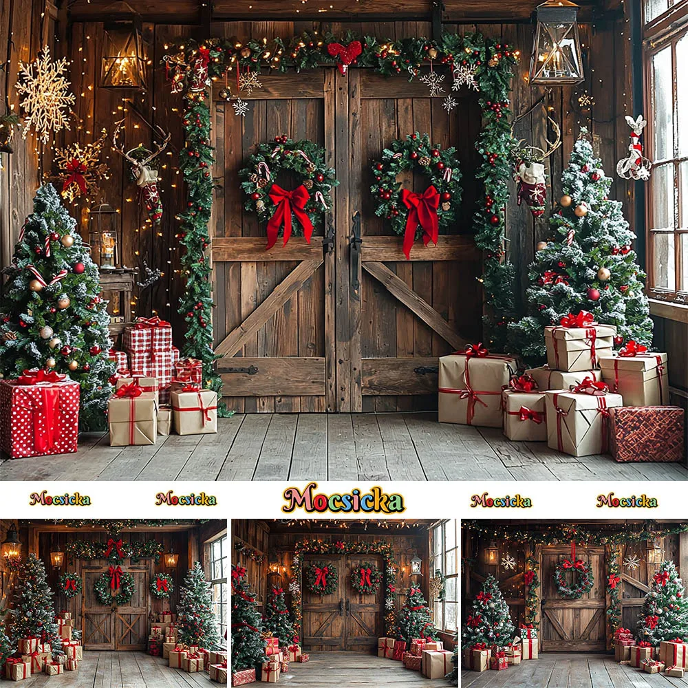 Mocsicka Photography Background Christmas Garland Wooden Door Decoration Boy Girl Portrait Photo Backdrops Studio Prop Banner