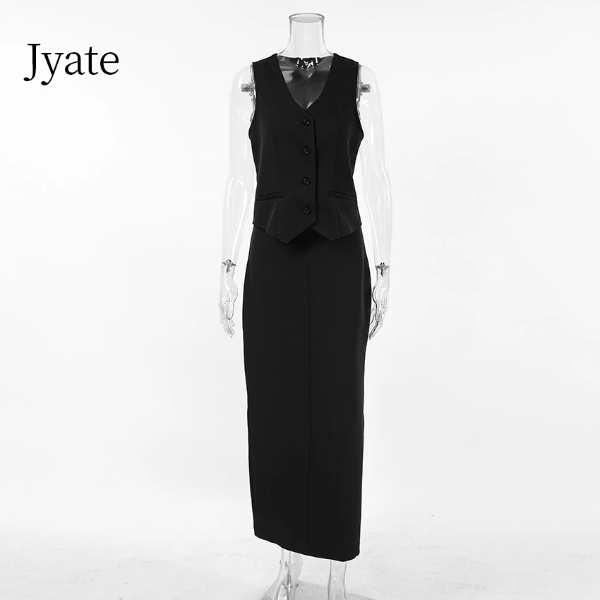 Jyate Office Lady Black Skirts Suits Blazers Tops + Long Skirts Two Pieces Sets Elegant Business Maxi Skirts Women Outfits 2024