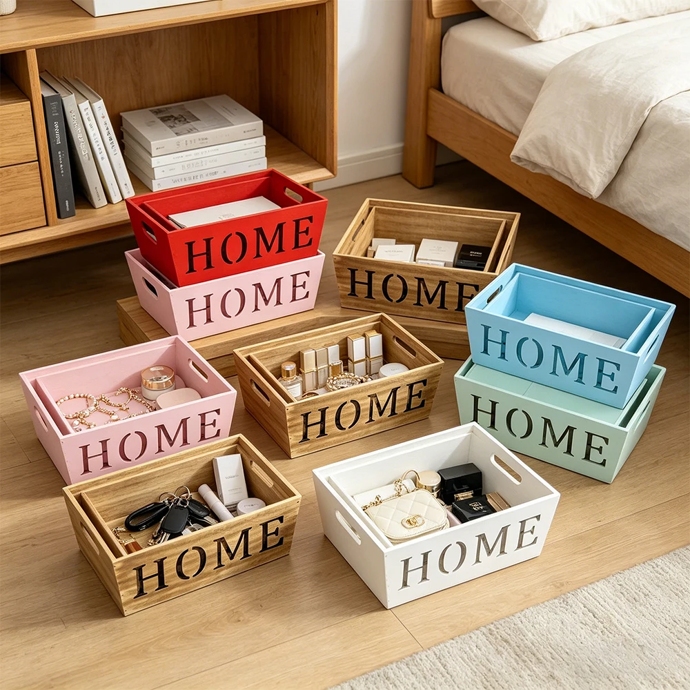 High Quality Wood Organizer Box With HOME Design Rustic Style Stackable Bins for Pantry Closet and Desktop Decor storage