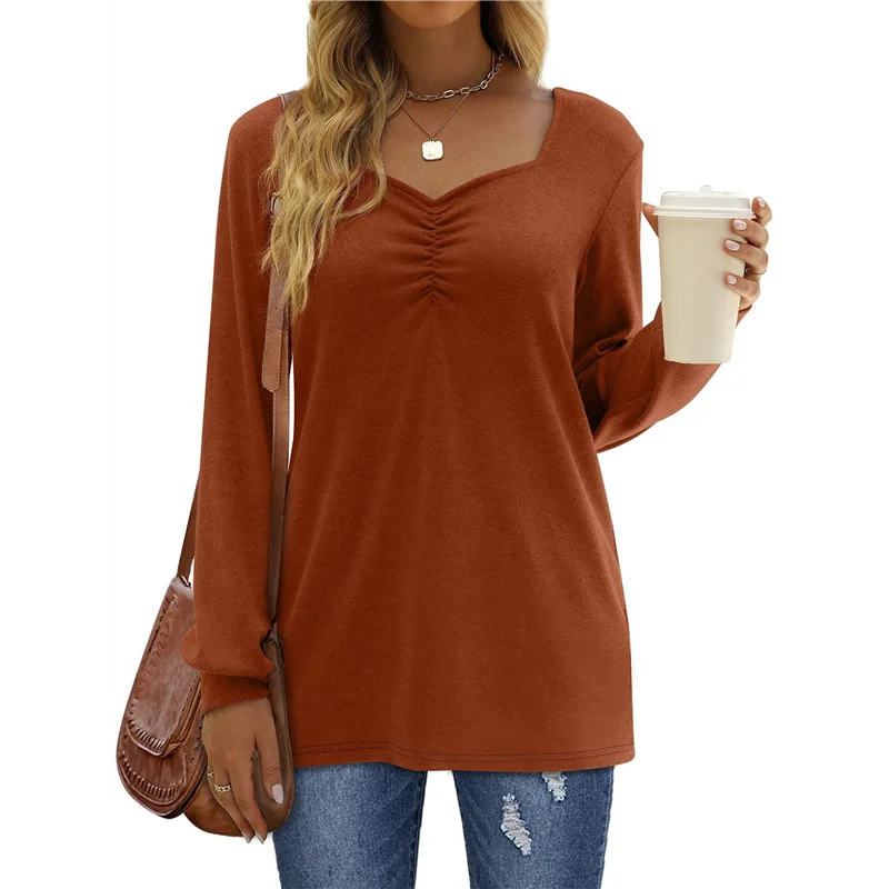 

NEW-Women Long Sleeve Solid Color Sweetheart Collar Elegant Casual Print Blouse Sweatshirt Tunics Pullover