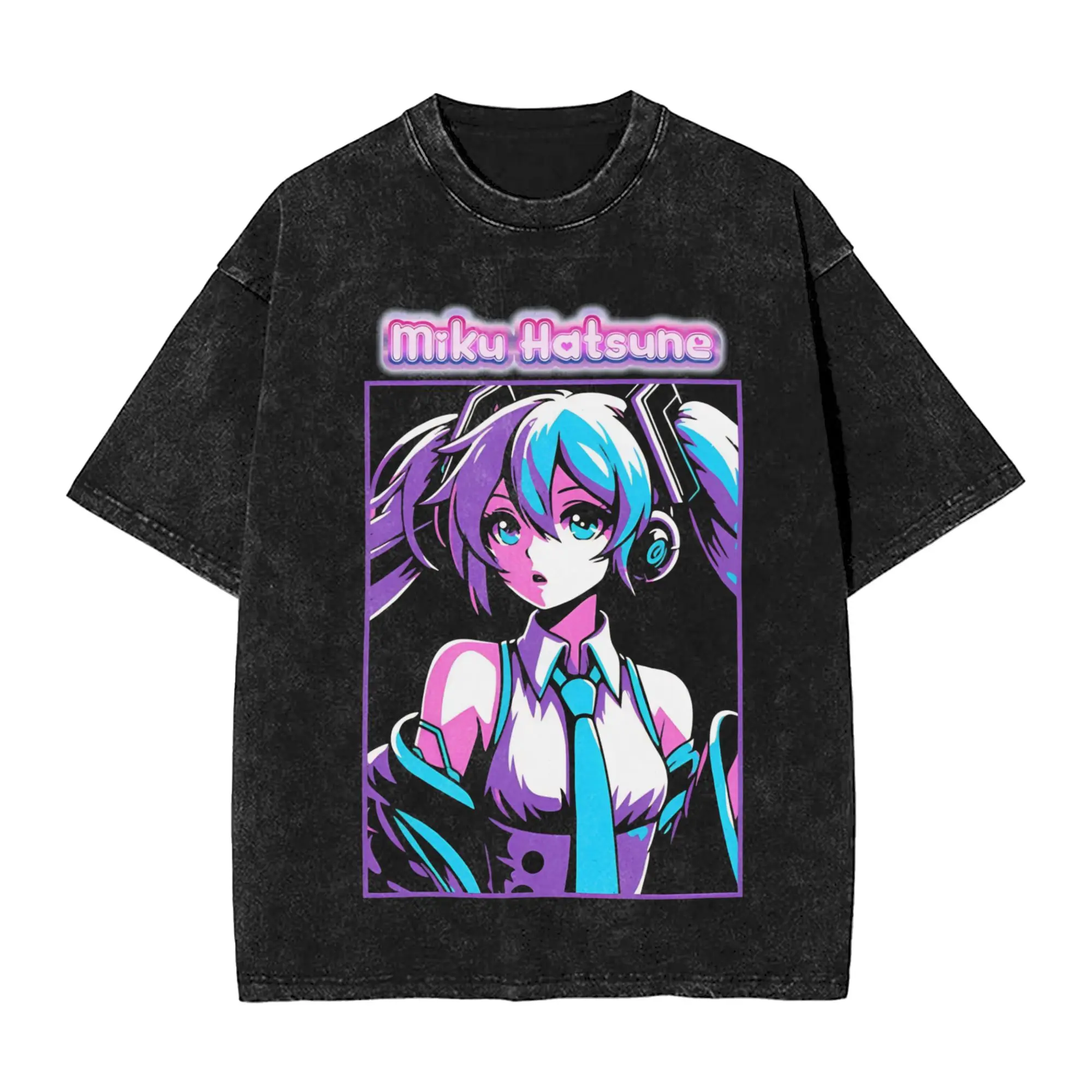 プリントされたボーカロイド初音ミクヴィンテージウォッシュtシャツメンズコットン半袖oネック夏服