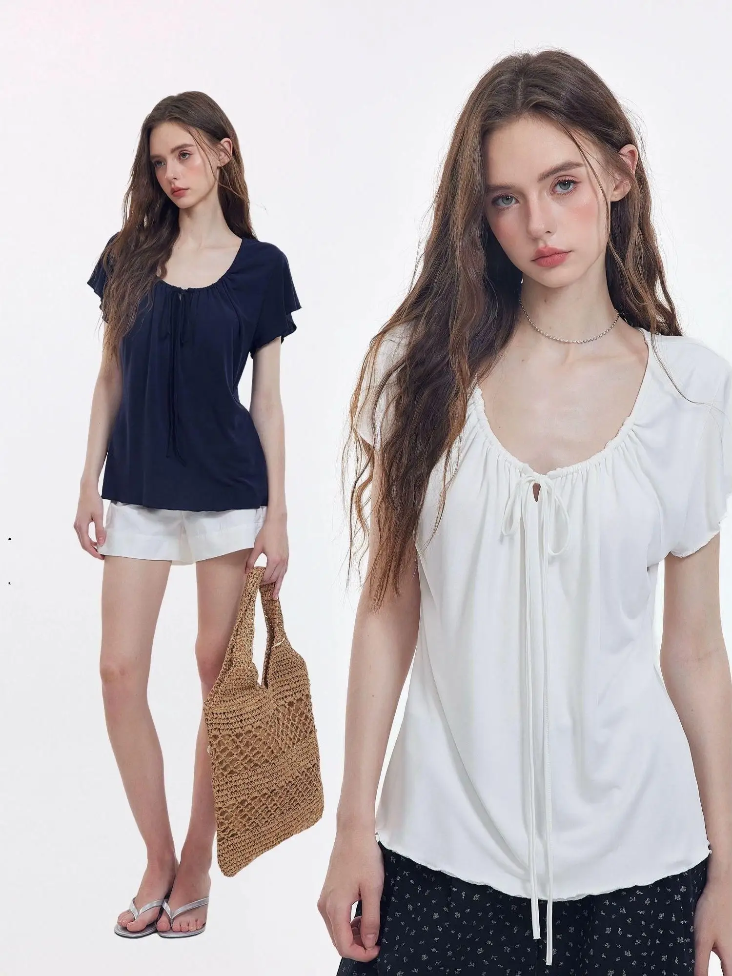 Unique U-Neck T-Shirt Women's Short Sleeve Bow Design Gentle Elegant Summer New Style Casual Fit Cotton Polyester Top