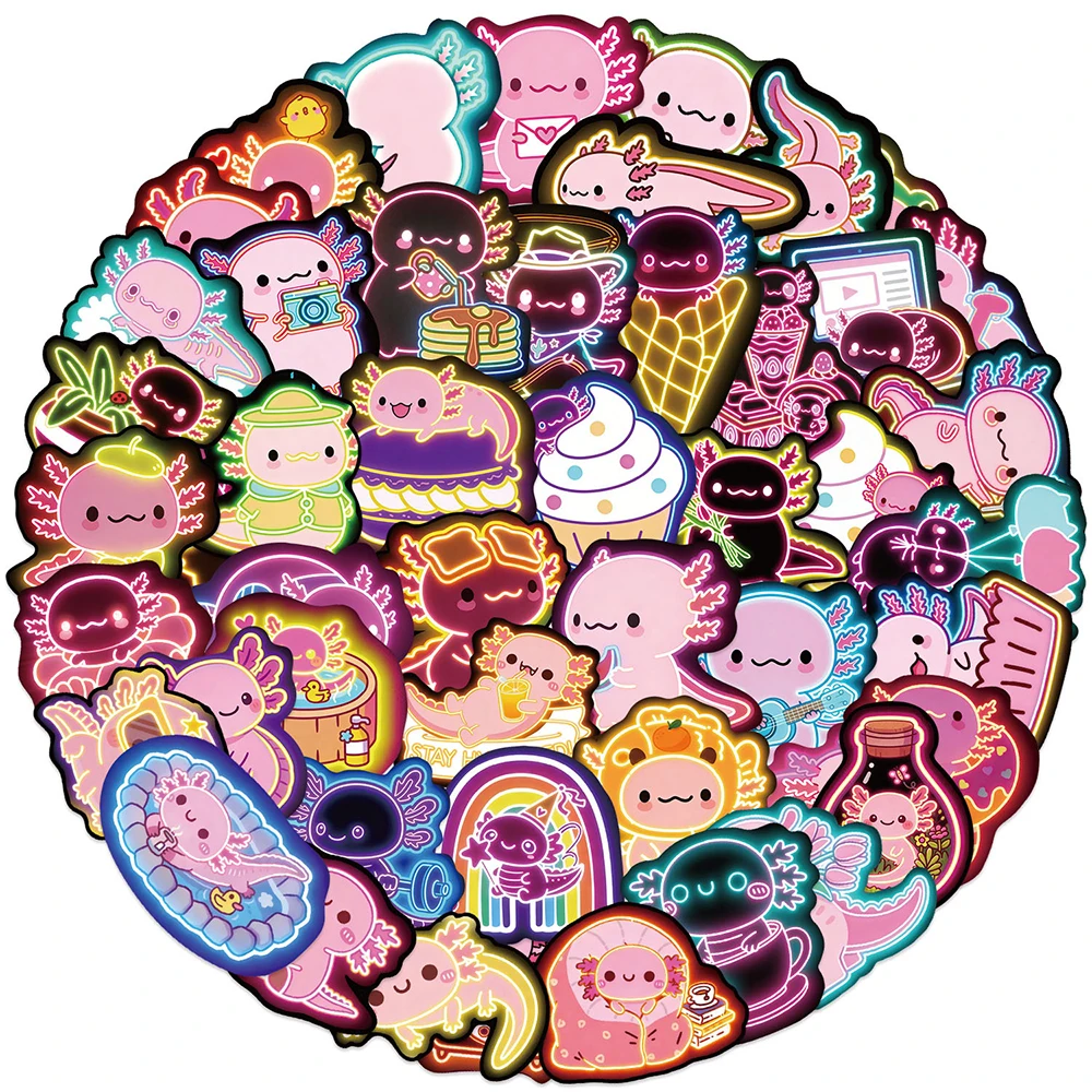 10/30/50pcs Cartoon Cute Axolotl Neon Light Stickers Decals DIY Water Bottle Phone Notebook Diary Kawaii Animal Decals Wholesale