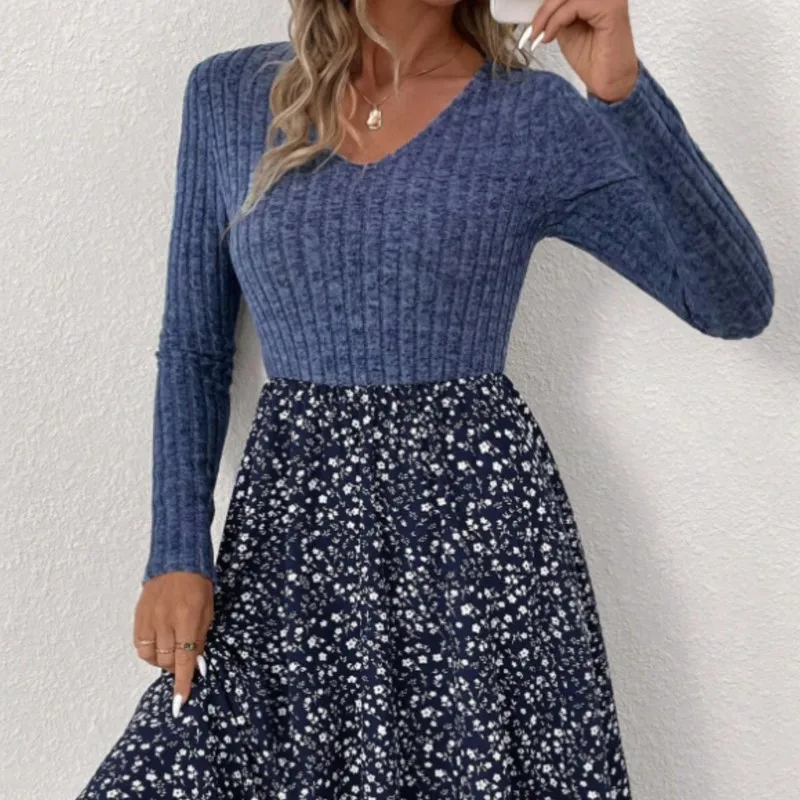 2025 가을 겨울 여성용 플로럴 V넥 스플라이싱 보헤미안 드레스 우아한 긴팔 바디콘 탑 드레스 여성 패션 베스티도스