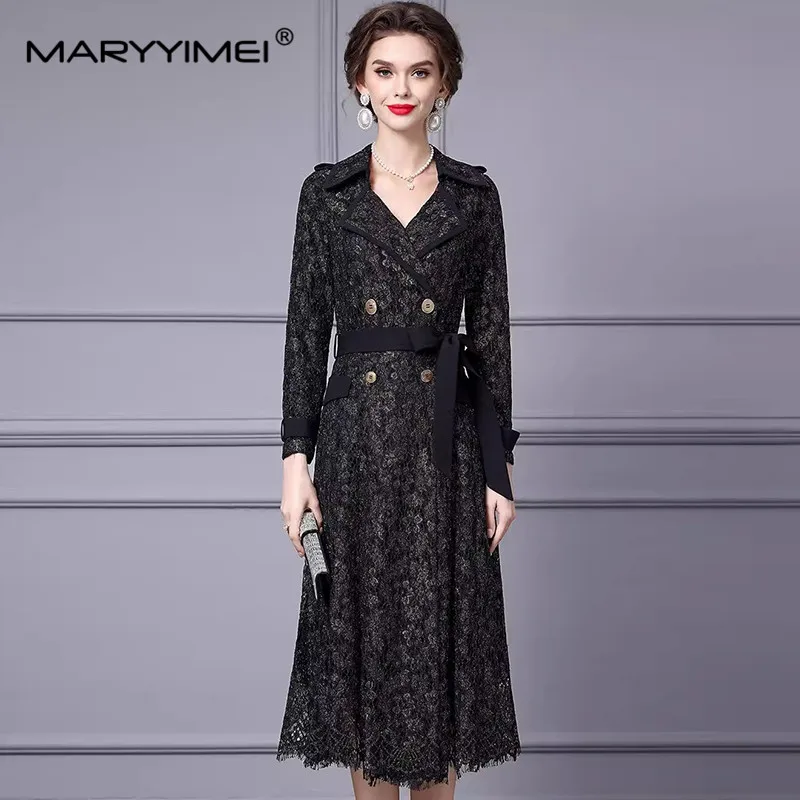 MARYYIMEI Autumn and winter Women's Dress Notched Long-Sleeved Double-breasted Lace-Up Lace Hollow Out S-3XL Dresses