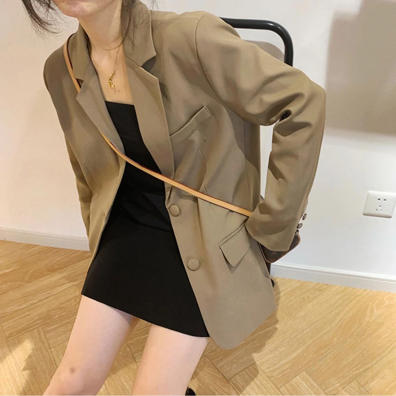 Women\'s Suit Jacket 2024Autumn Korean Version Loose Brown Blazers Female Top Turn-Down Collar Straight Coat Women