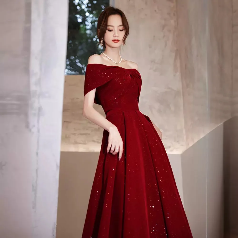 

Винно-красное вечернее платье с открытыми плечами для женщин, новинка 2025, свадебное платье с блестками, изысканные платья для выпускного вечера трапециевидной формы с короткими рукавами