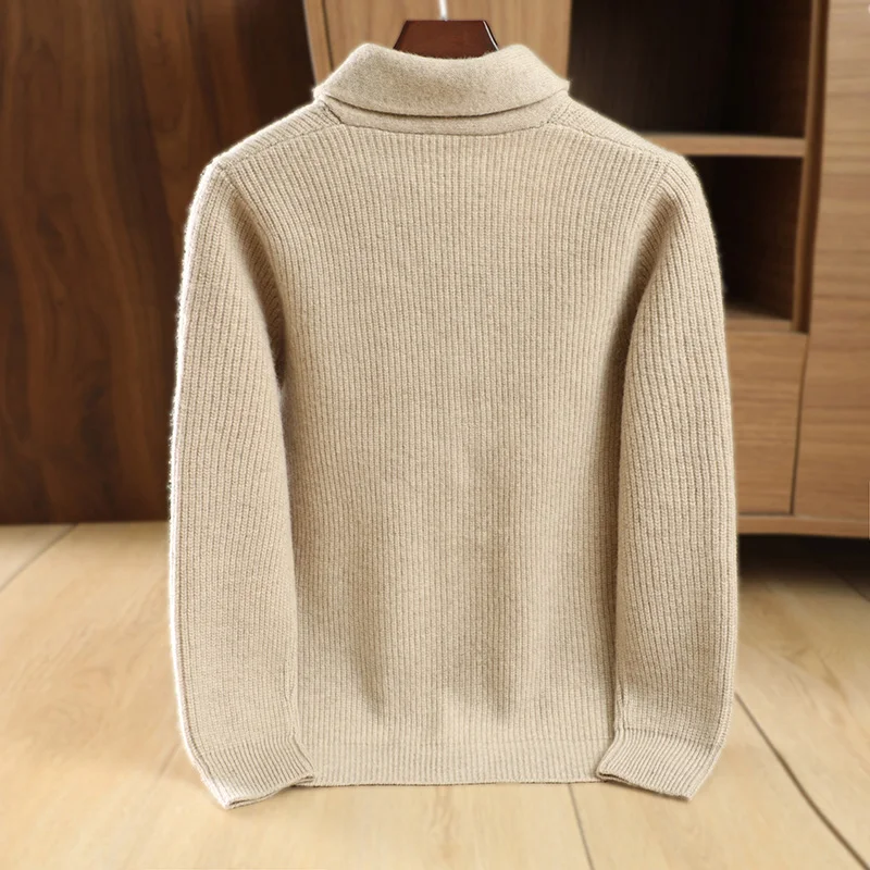 Spring and autumn high-end green fruit collar pure wool cardigan men British retro business knitting popular sweater coat men