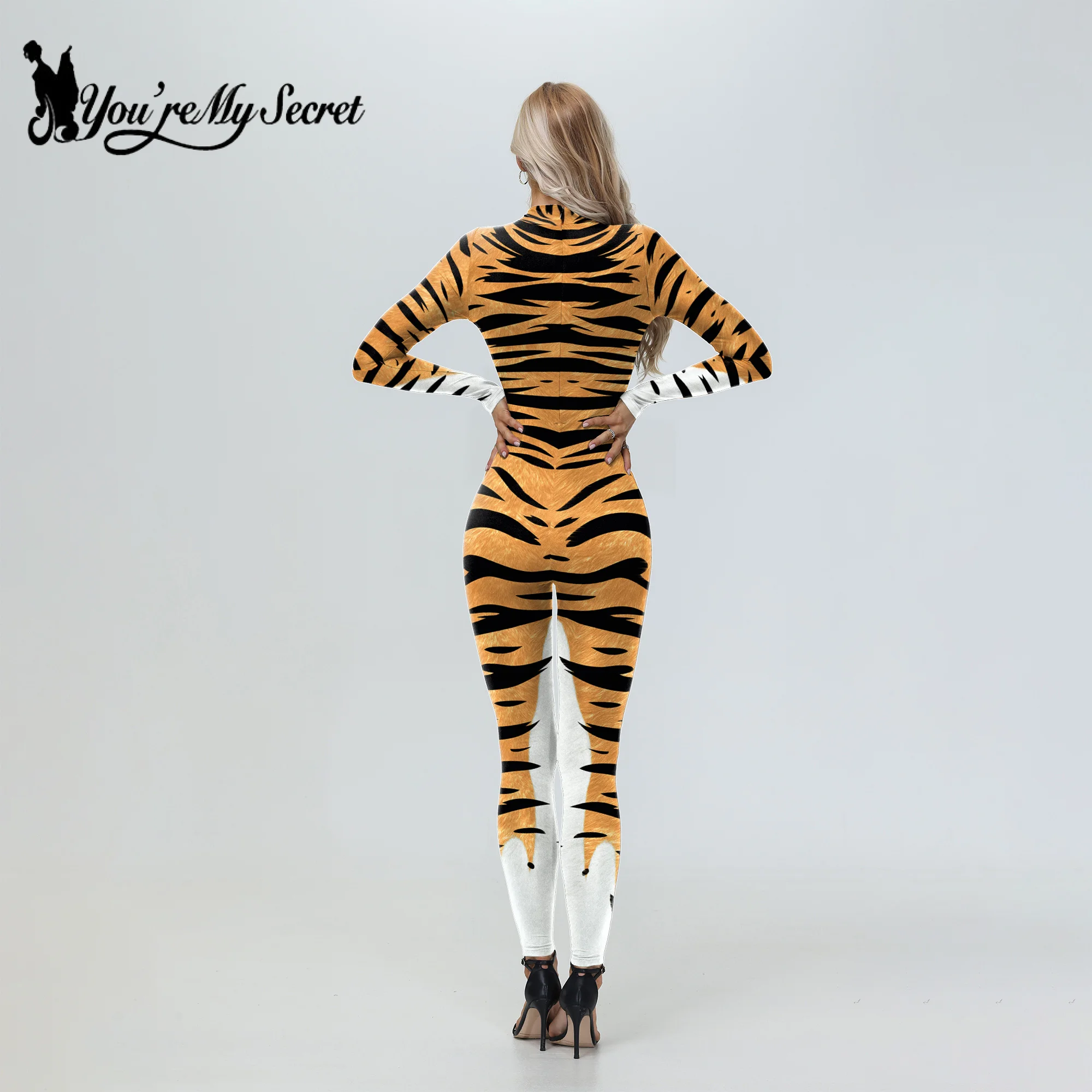 [You\'re My Secret] Adult Women Animal tiger Print Dress Up Bodysuit Halloween Purim Carnival Party Disguise Cosplay Costumes