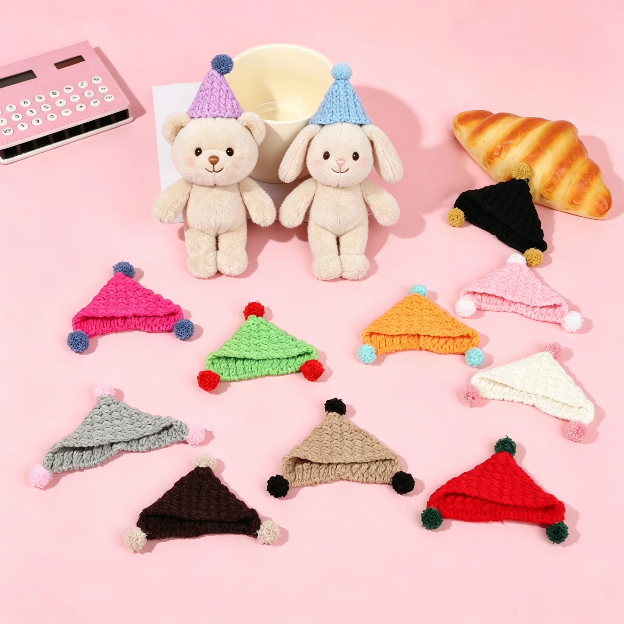 Handmade Knitted Mini Doll Hat With Pom Poms Colorful Triangle Cap Tiny Headwear Accessories For Small Plush Doll Dress Up