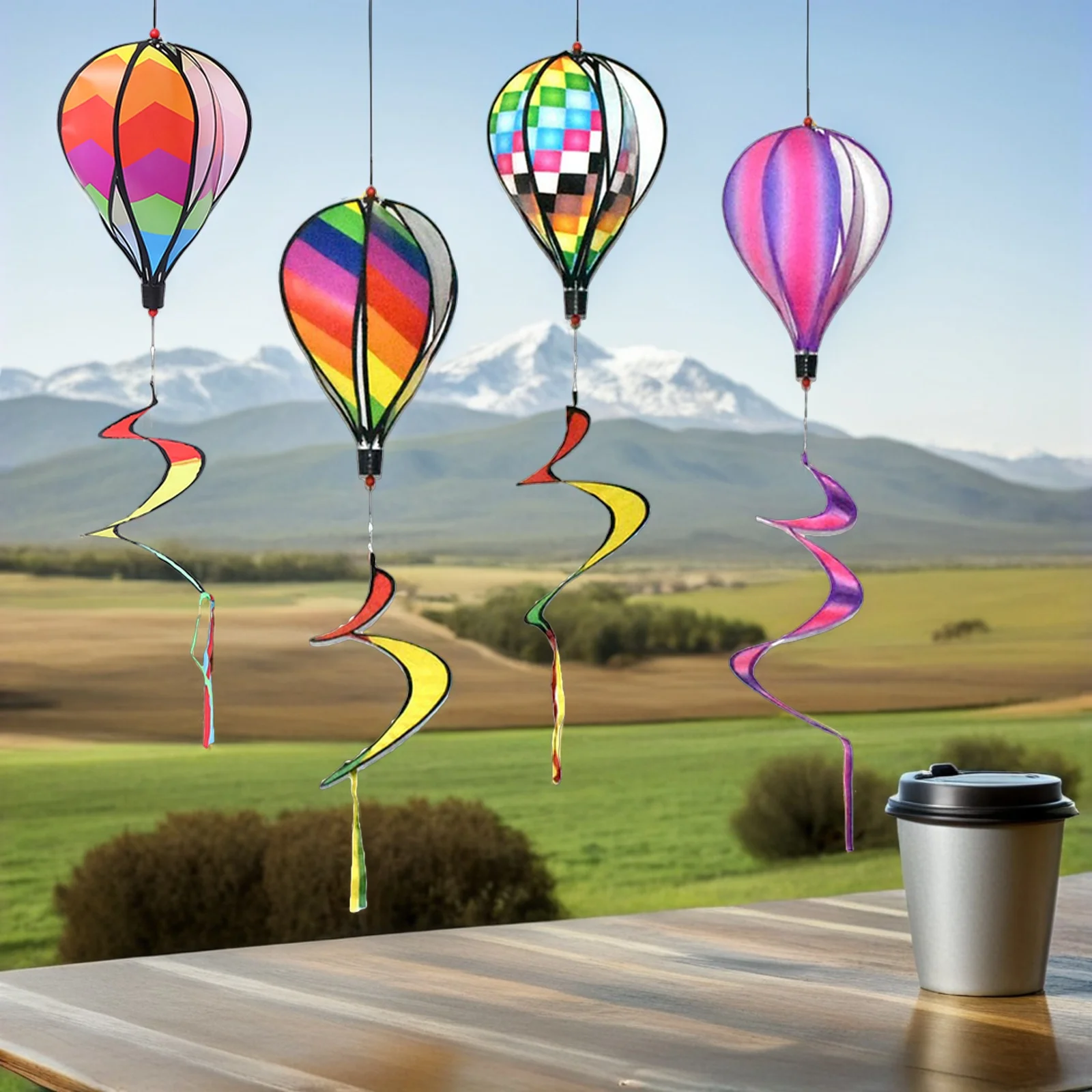 

4pcs Rainbow Hot Air Balloon Hanging Decor Spiral Wind For Garden Outdoor Decoration Windmill Art