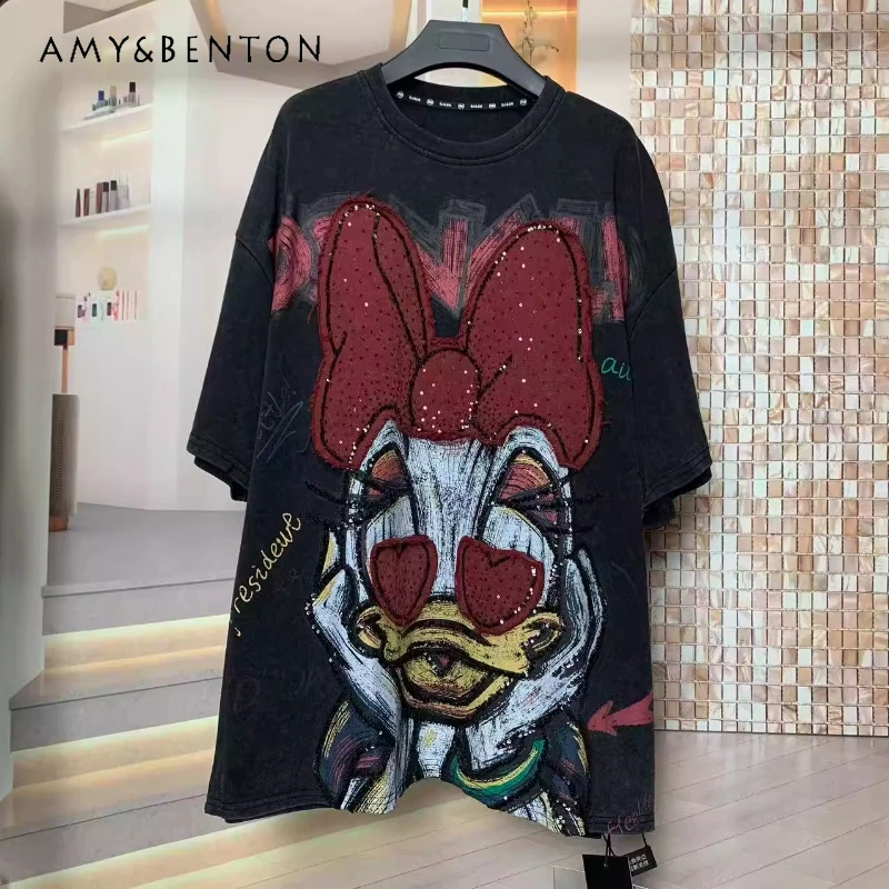 

Осенняя новая кавайная одежда, тяжелая промышленность, стирка сердца, милая милая свободная футболка большого размера с короткими рукавами, женские футболки Y2k