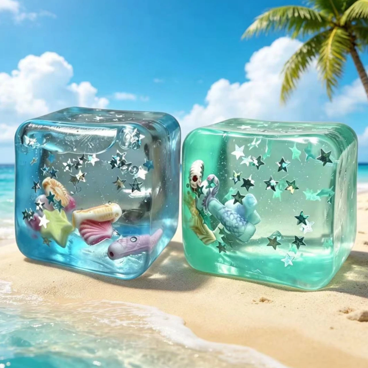 Ocean Ice Cube Squishy Toy Transparent Glitter Slow Rising Fidget Toy Stress Relief Sensory Toy for Kids Adults Office School