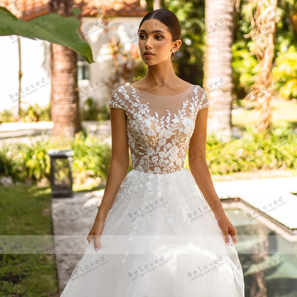 Vestidos De Novia clásicos, elegantes Vestidos De Novia con apliques De encaje, manga corta, línea A, para fiesta Formal, 2024