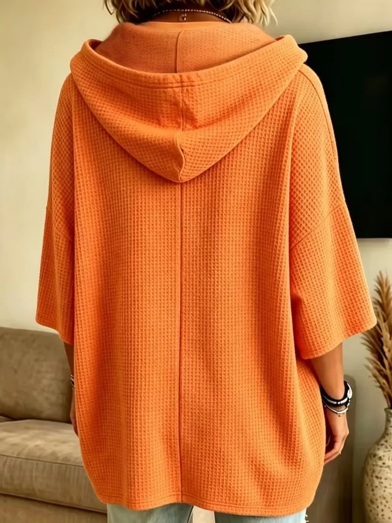 Neuer Waffelstrick-Hoodie mit Kordelzug, Lässige, lockere Oberbekleidung aus Strickmaterial – Detail 5