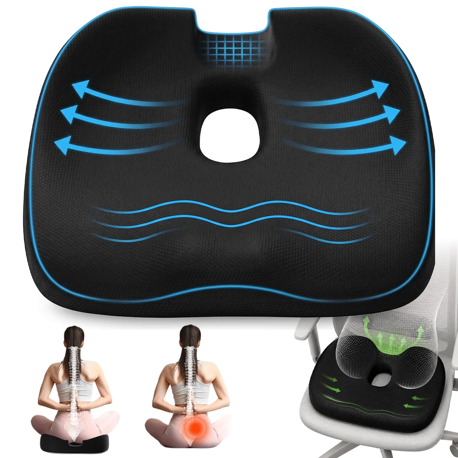 Cuscino ergonomico per seduta, con apertura e foro per il coccige, cuscino ortopedico per il coccige che allevia la pressione e aumenta il comfort della seduta, ideale per sedia da ufficio, auto,