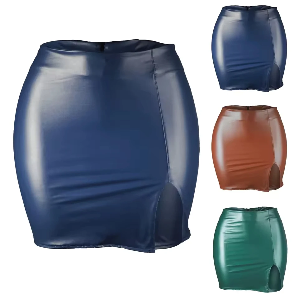 Fashion Zipper Women'S Sexy Pu Leather Skirt Color Leather Skirt Woman Korean Elastic Waist Midi Skirt