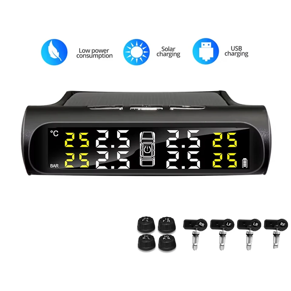 Solar Power TPMS Car Tire Pressure & Temperature Monitor System Auto Security Alarm Warning