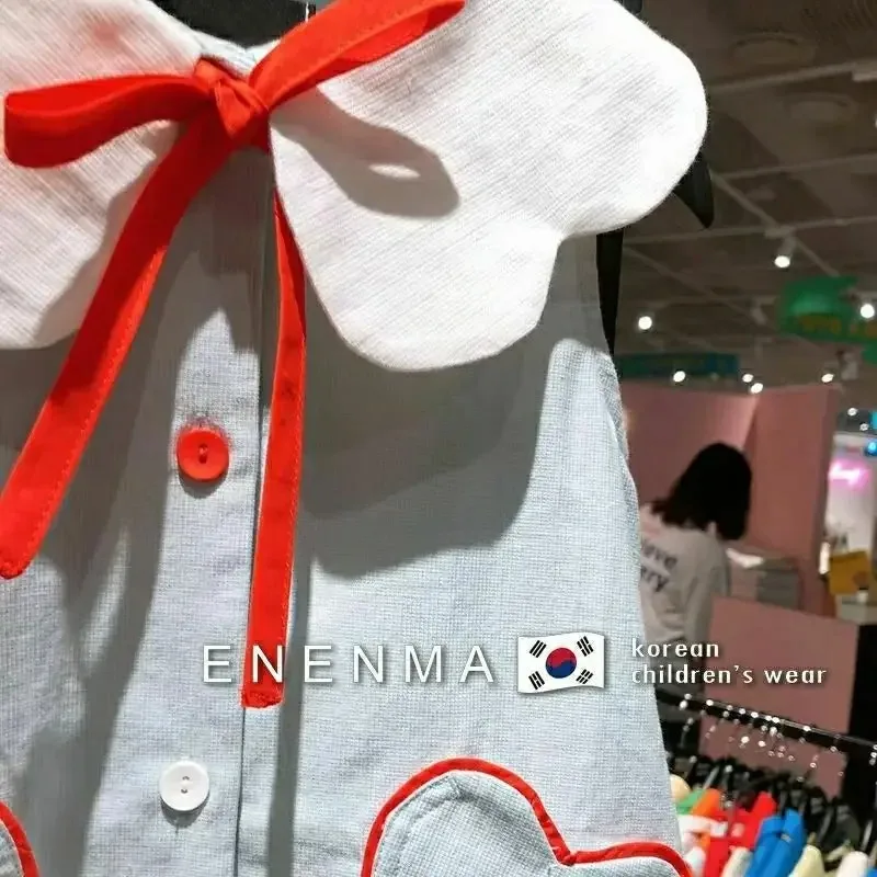 Girls Dress Korean Children's Summer Style Girls' Ruffle Collar Sleeveless Dress Children's Fashionable Love Lace up Vest Skirt