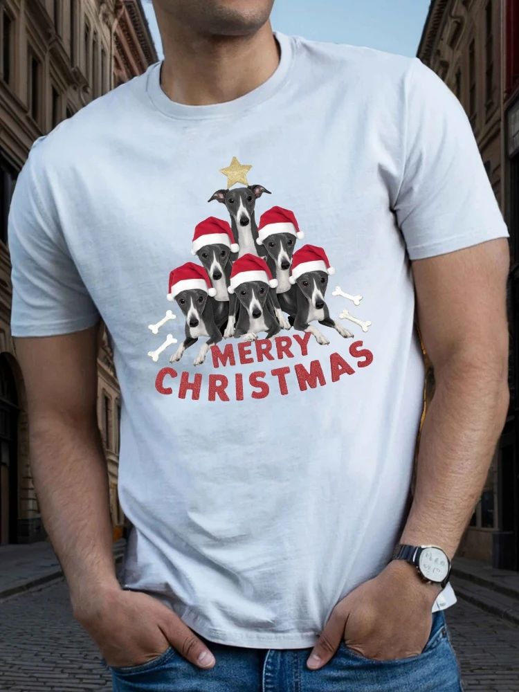 Merry Christmas Greyhound with Santa Hat Dogs Design-100% cotton summer casual O-neck short sleeve printed men's T-shirt.