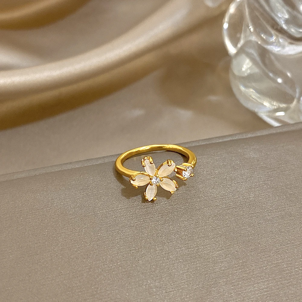 DODOHAO أنيقة الذهب اللون الفولاذ المقاوم للصدأ المفصل الدائري المرأة رائعة الزركون زهرة قابل للتعديل حلقة مفتوحة هدايا مجوهرات الأزياء