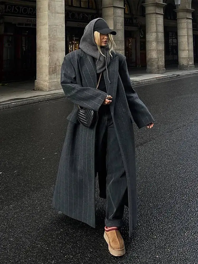 

Vintage Women's Striped Woolen Overcoat Long Sleeve Fashion Lapel Oversized Coat 2025 Autumn Winter Commute Jacket For Ladies