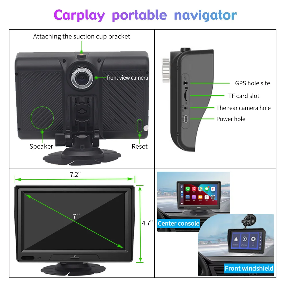 7 ''Wireless CarPlay GPS Navigation Monitor Android Auto Car Player 256G TF Card กันน้ํากล้องด้านหลังดู DVR
