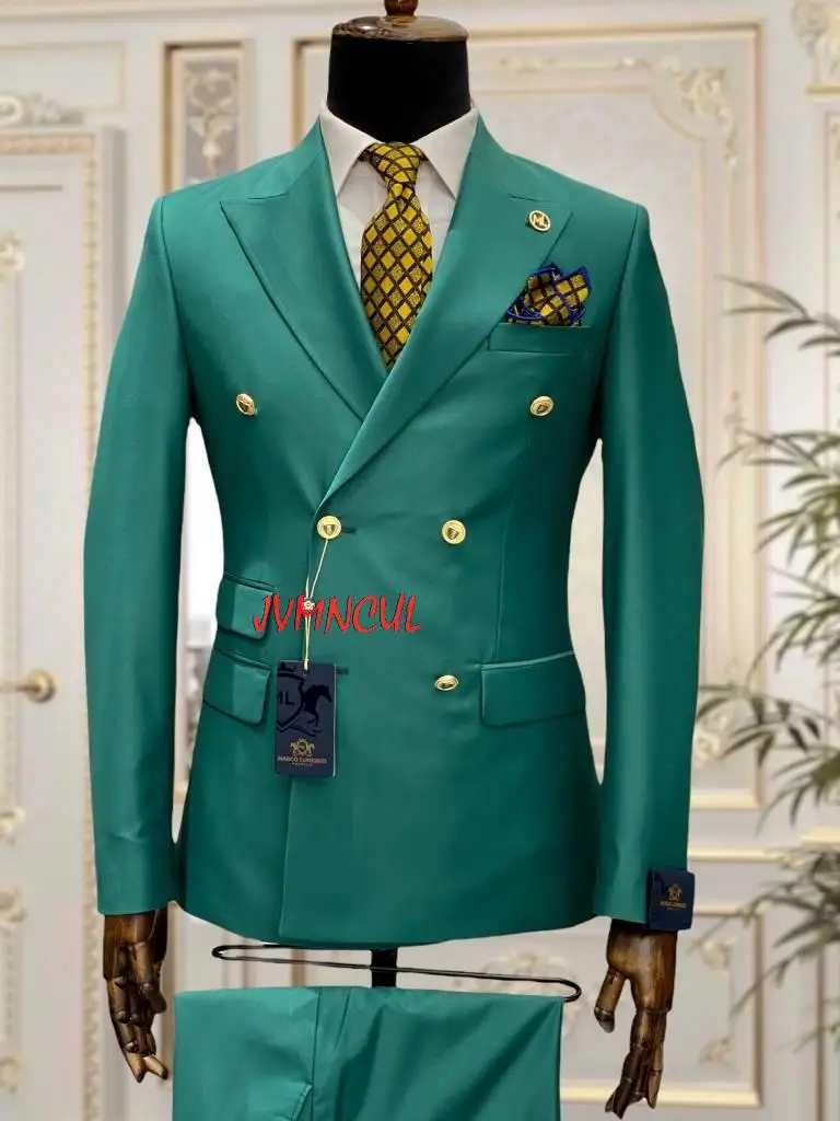 Green Tailor Made Double Breasted Slim Fit Men Suits Wedding Tuxedos Groom Business Party Prom Best Men Blazer Costume Homme