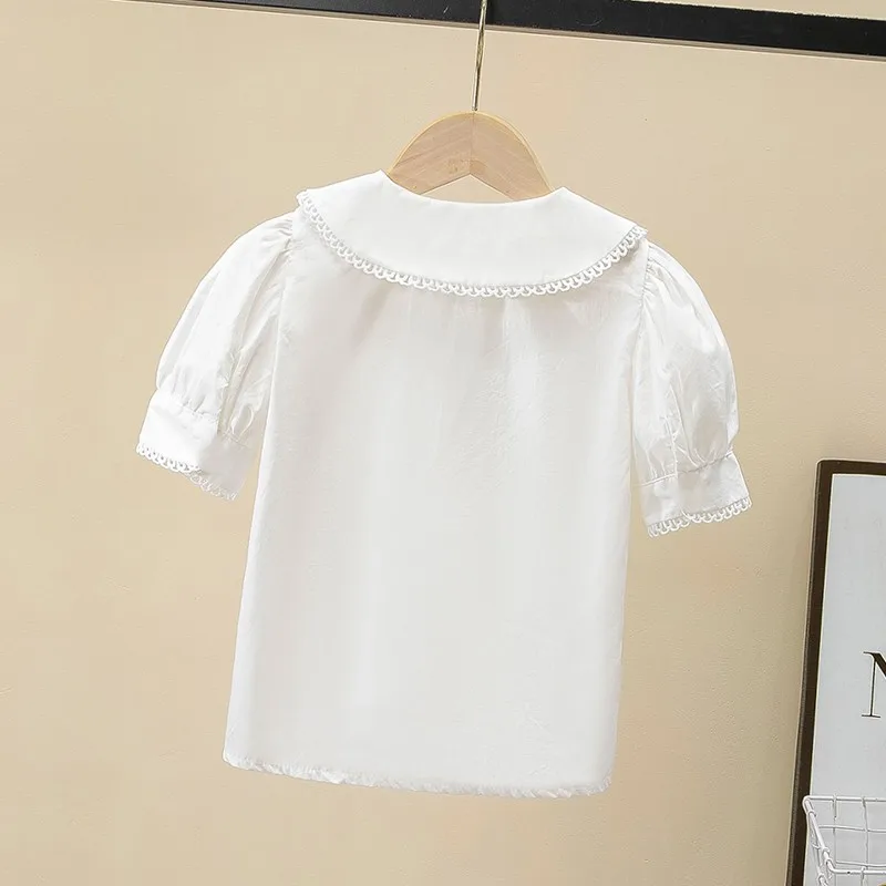 Girls pure cotton white short-sleeved lace shirt summer shirt female student summer french baby doll shirt preppy style top