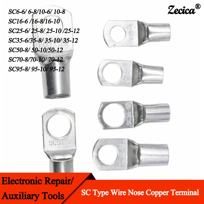 

2~50pcs SC Type Wire Nose Copper Terminal SC6/10/16/25/35/50/70/95 Battery Block Lugs Hole ID 6/8/10/12mm Crimp Wire Connector