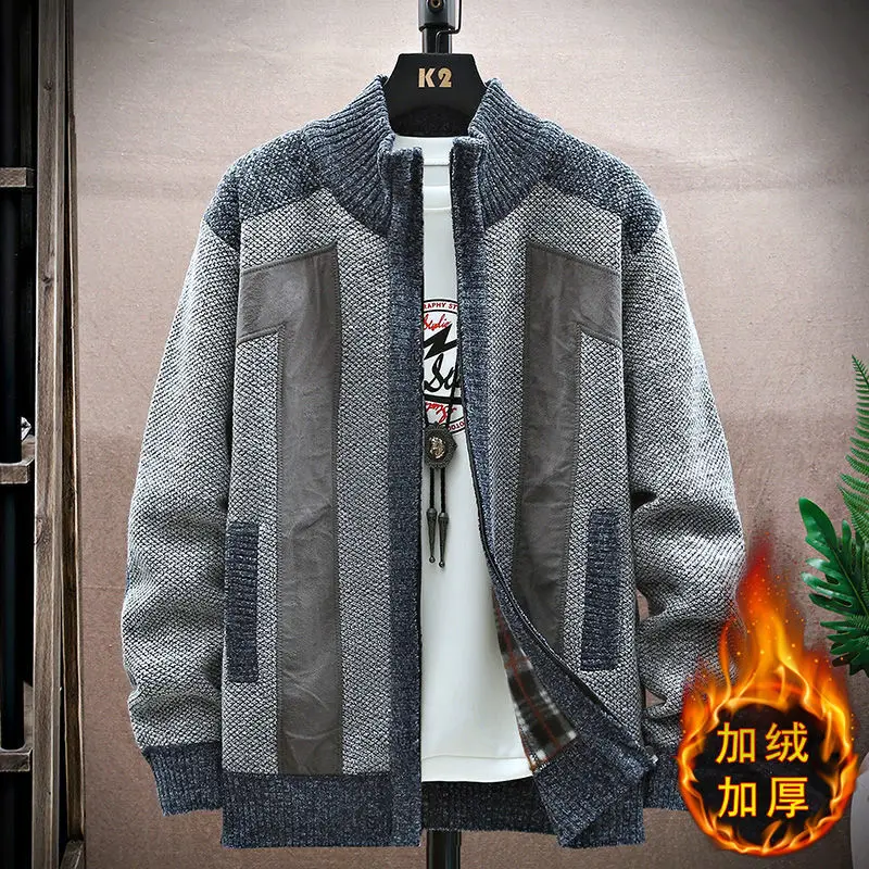 

Knitted Jacket for Men Casual Loose and Versatile with a Velvet Stand Up Collar and Fabric Patch Sweater